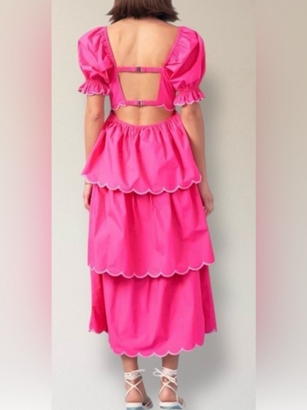 English Factory Hot Pink Tiered Midi Dress with Scalloped Trim - Picture 2 of 6